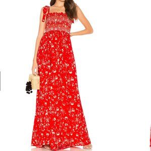 Free People Color My World Jumpsuit XS Red Floral Boho Smocked Wide Leg Pockets
